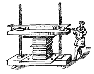 Итальянский винтовой пресс для полотен конца XVI в. (гравюра из книги Цонка)